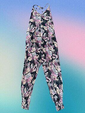 Buddha Pants "The Catsuit" Harem Jumpsuit - Black/Mauve Abstract Print, Size M